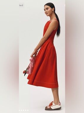 NWT Anthropologie Red Square Neck Contrast Stitch A-Line Midi Dress SP Pockets